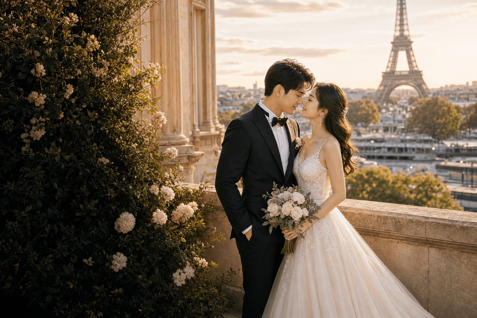 Elegant AI wedding portrait of a couple in Paris